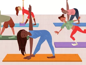 Group of friends taking a yoga class illustration