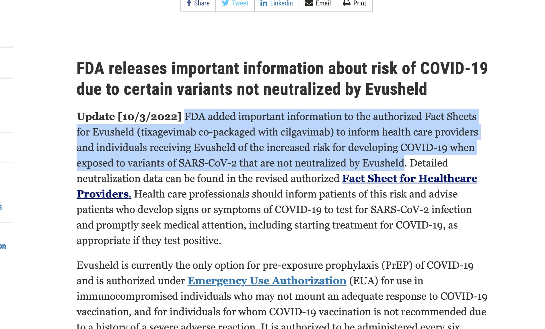 A screenshot from the webpage linked in this tweet. This sentence is highlighted: "FDA added important information to the authorized Fact Sheets for Evusheld (tixagevimab co-packaged with cilgavimab) to inform health care providers and individuals receiving Evusheld of the increased risk for developing COVID-19 when exposed to variants of SARS-CoV-2 that are not neutralized by Evusheld"