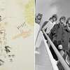 A composite image of a tablecloth that the Beatles drew on and signed during their last U.S. concert at Candlestick Park and the band arriving in San Francisco ahead of the show.