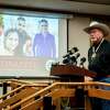 Merced County Sheriff Vern Warnke speaks at a news conference about the kidnapping of 8-month-old Aroohi Dheri, her mother Jasleen Kaur, her father Jasdeep Singh, and her uncle Amandeep Singh, in Merced, Calif., on Wednesday, Oct. 5, 2022. Relatives of the family kidnapped at gunpoint from their trucking business in central California pleaded for help Wednesday in the search for an 8-month-old girl, her mother, father and uncle, who authorities say were taken by a convicted robber who tried to kill himself a day after the kidnappings. (Andrew Kuhn/The Merced Sun-Star via AP)