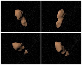 (4179) Toutatis, géocroiseur (apollon), a = 2,52 ua, L ~ 4,5 km (modélisation basée sur images radar).