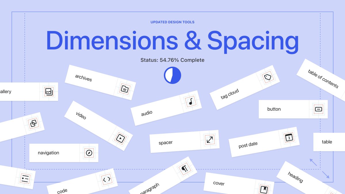 Blue background with white blocks stacked on each other. Text reads:
Updated design tools: Dimensions & Spacing
Status: 54.76% complete