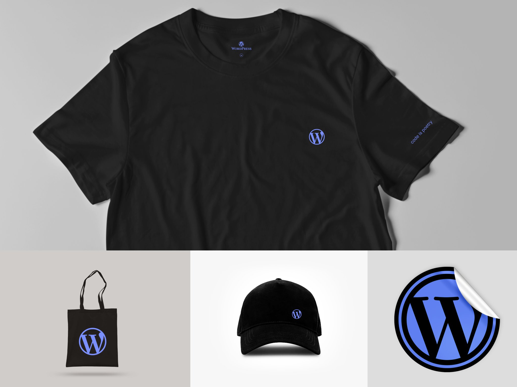 A collage of the new WordPress swag showing a t-shirt, tote, hat, and sticker—all with a timeless, understated (new) blue WordPress logo. 