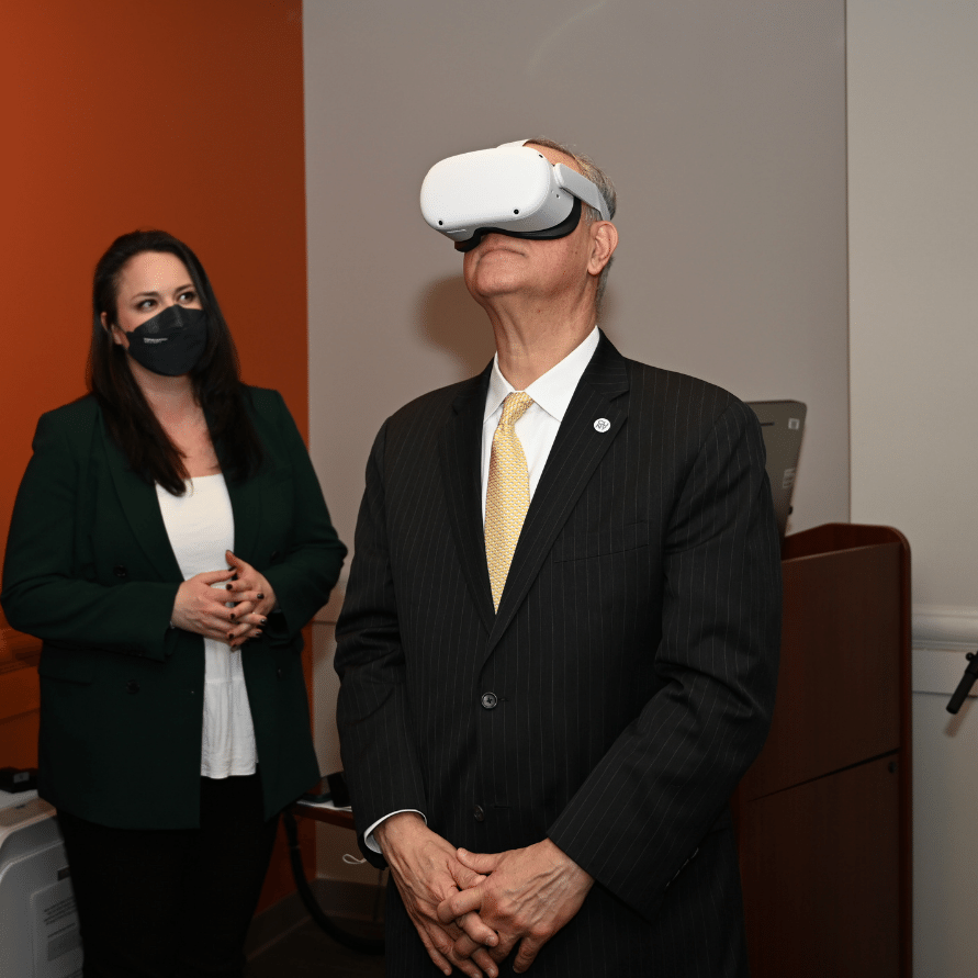 The Chancellor testing a VR headset