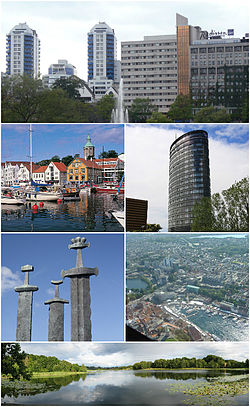 (top down, clockwise) *Breiavatnet *Rica Forum Hotel *Stavanger aerial photo *Lille Stokkavann *Monument to the Battle of Hafrsfjord *View of Vagen