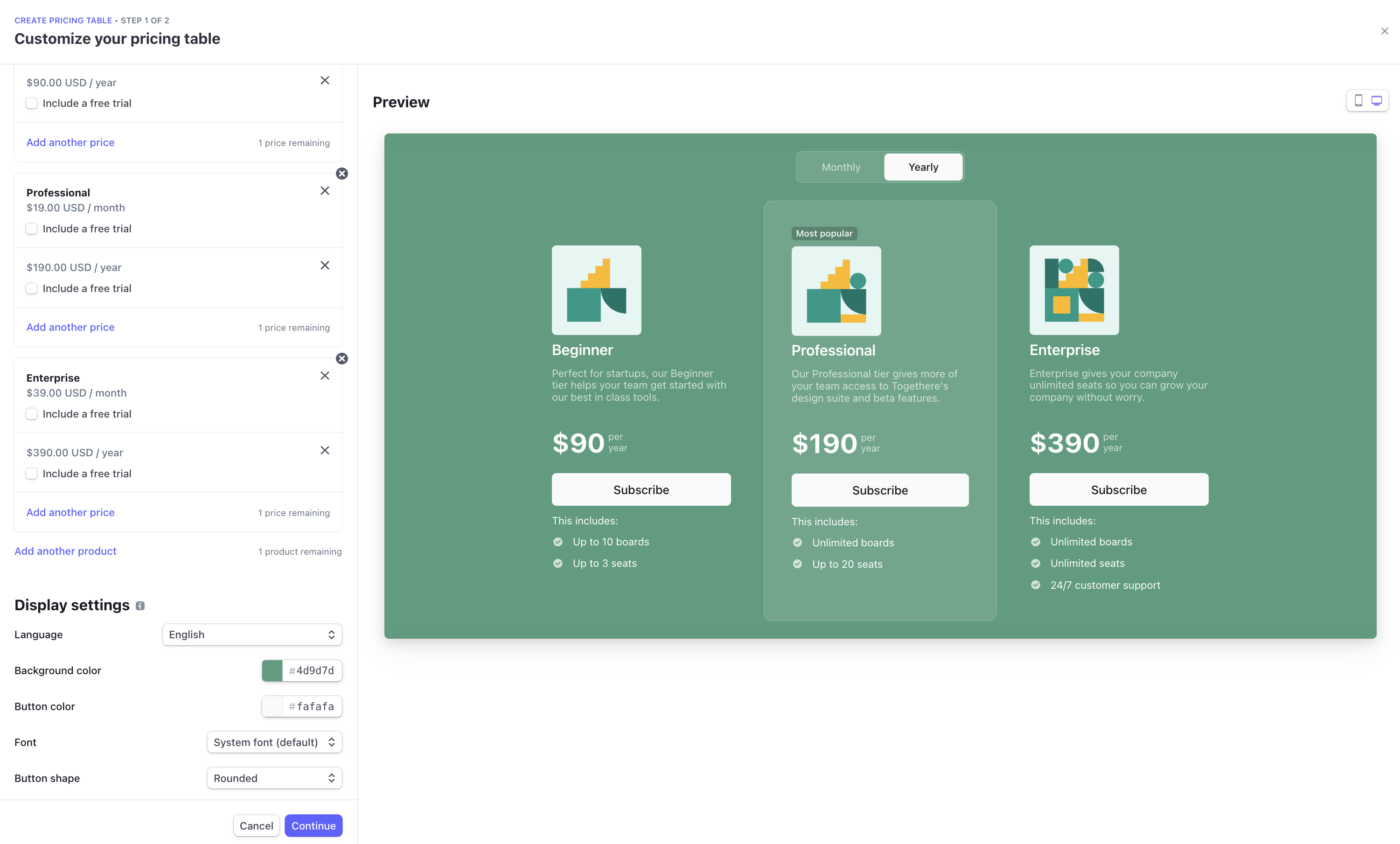 step 1 of creating a pricing table