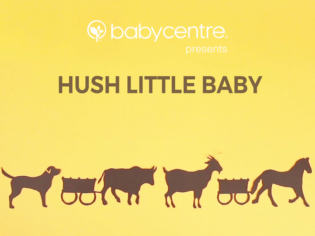 HUSH LITTLE BABY written against backdrop of farm animals