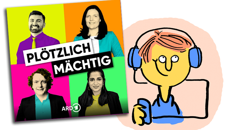 Zufriedener Hörer mit dem Logo des Podcasts "Plötzlich mächtig"