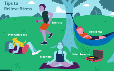 tips to relieve stress text over park scene with people exercising, taking a nap, meditating, listening to music and playing with a pet