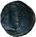 Bronze drachm of Toramana II wearing trident crown, late-phase Gandharan style. mid 6th century.