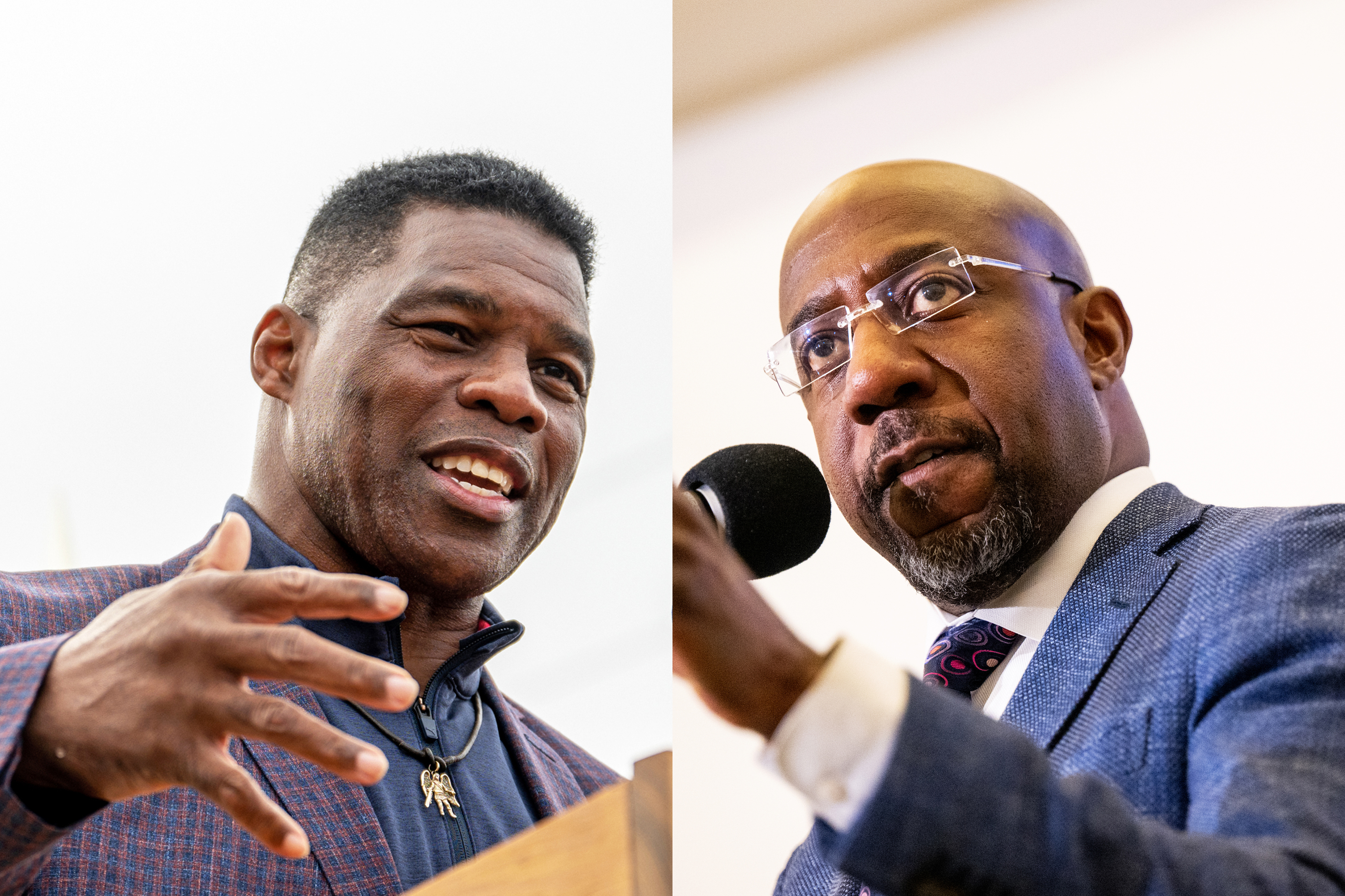 Split photo of Herschel Walker campaigning on November 16, and Senator Raphael Warnock campaigning on November 17.