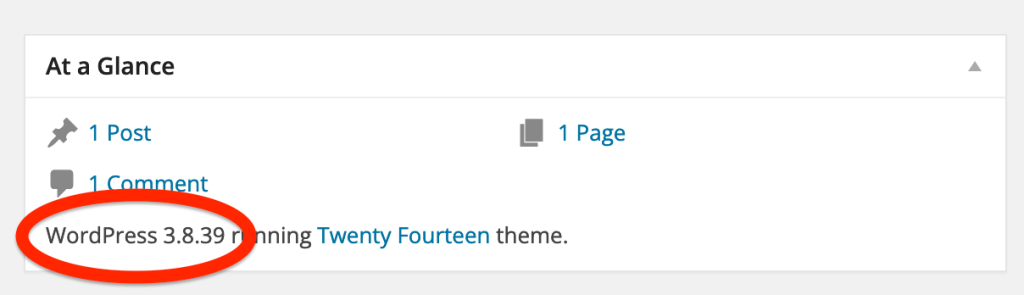 "At a Glance" section of the WordPress dashboard. The final line includes the exact version of WordPress the site is running.