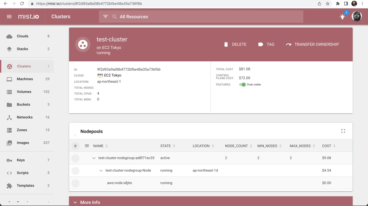 EKS cluster in Mist's web UI