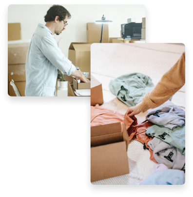 A worker in an office environment packing shirts into boxes for shipping.