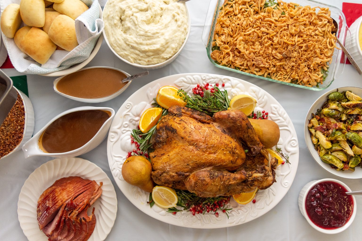 Traditional Thanksgiving dinner spread with roast turkey. Photo contributed by mdburnette to the WordPress Photo Directory.