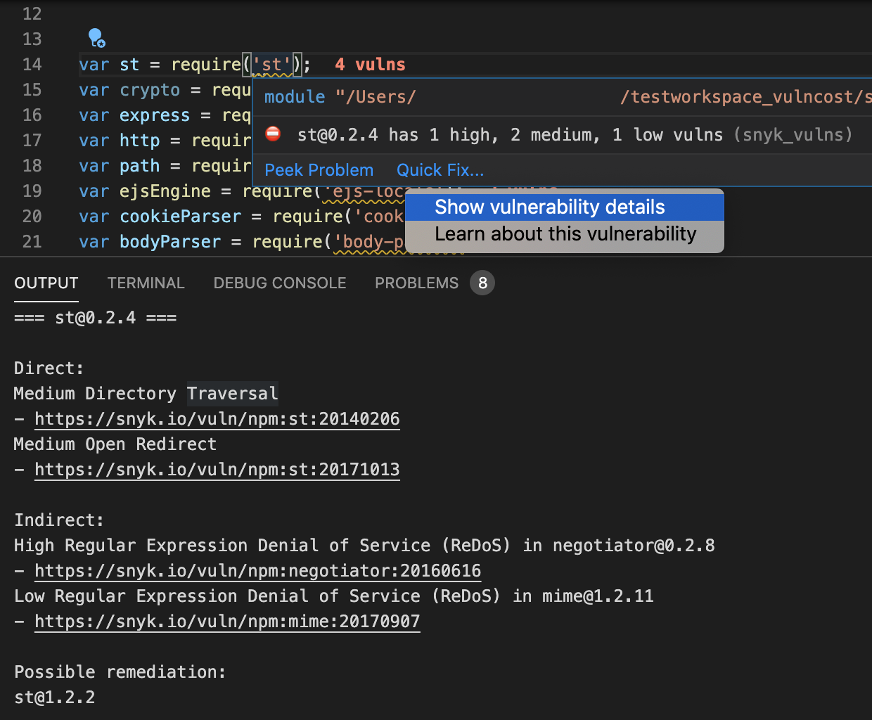 Vuln Cost for VS Code vulnerability breakdown