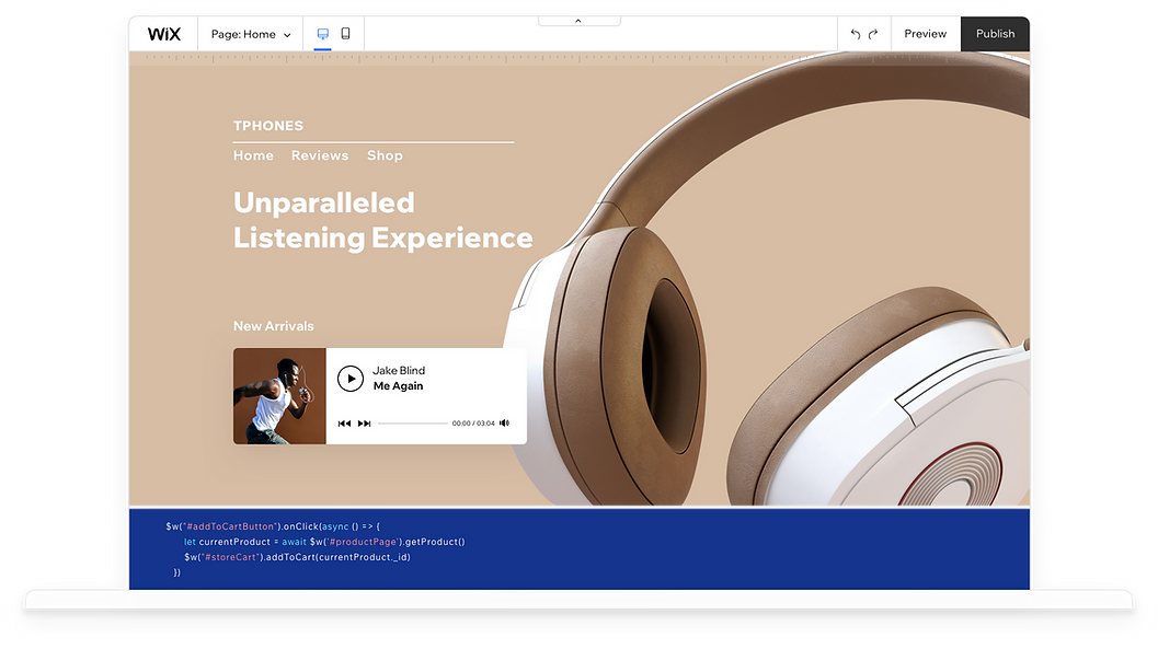 Komputer menampilkan Wix Editor dan pembuatan situs web eCommerce yang menjual headphone. Situs web ini menampilkan sepasang headphone peredam suara berwarna camel yang dijual di toko online.