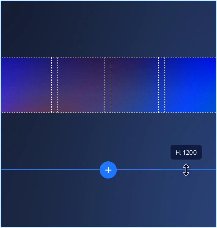 mage showing dark blue background with grid over it. The grid has margins and columns and is a purple/blue colour. Beneath is the icon for adding another section.