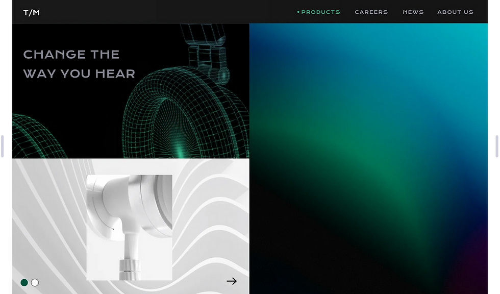 Image showing website for headphones. There is a blue gradient image on the right side, a horizontal menu at the top. On the left, there is an image on a black background with text over it at the top. At the bottom, is a white and grey background with headphones on it.