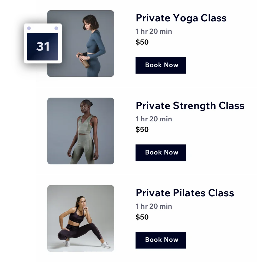 box showing 3 options for workout classes with pricing and timings. There is an option to book now for each class. Each class has an image with it and over the 1st image is a small icon showing 31 on a blue background