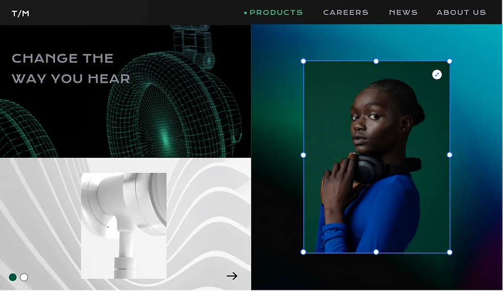 Image showing website for headphones. On the Right image showing a green background with a person, turned to the left, facing towards the camera.  , a horizontal menu at the top. On the left, there is an image on a black background with text over it at the top. At the bottom, is a white and grey background with headphones on it.