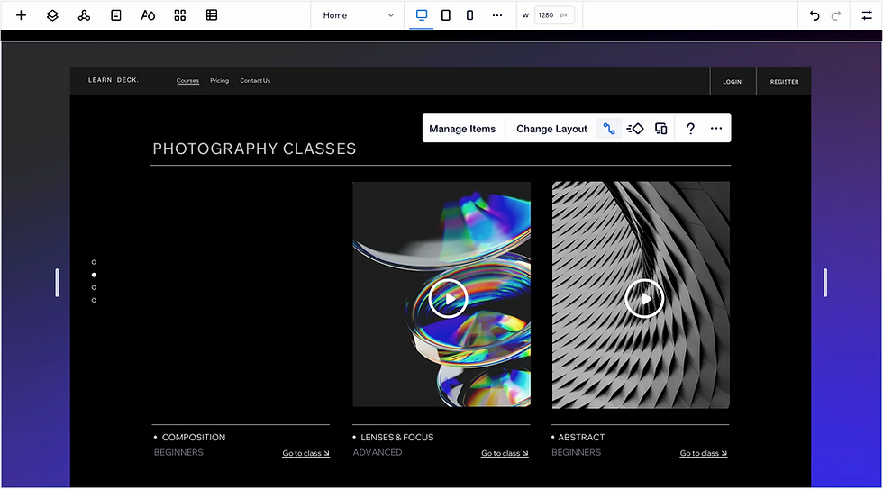 image showing website for photography classes with a repeater layout. There are 3 images with text and CTAs beneath each one. The floating action bar is visible for the change layout.