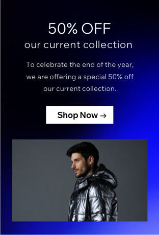 image of clothing website with a header and text plus a shop now button beneath it on a blue/black background. At the bottom is an image of a person facing to the left wearing a silver jacket on a grey background.