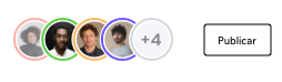 image showing 4 avatars of users collaborating on a site, there is another circle with +4. There is also the word preview and a button with the word publish.
