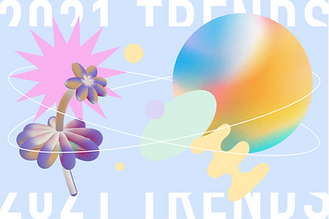 A thumbnail of a blog post that speaks about top web design trends for 2021. The image features some of the trending including pastel colors, abstract shapes, vector arts and more.