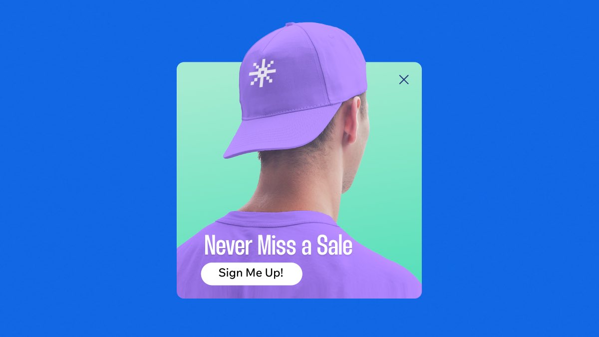 Website pop up that reads “Never miss a sale” and a “sign me up” button.