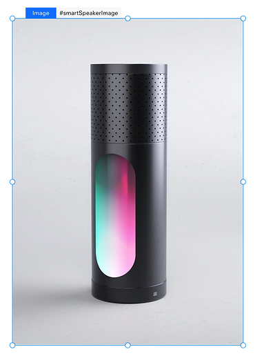 A screenshot from the Velo platform showing a component, which is an image of a product. The product is a black, standing cylindrical smart home speaker with cylindrical hole with green and pink light rays