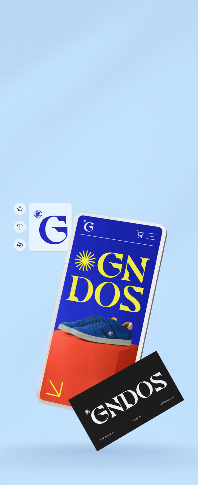 a mobile screen displaying the homepage of a clothing store with a pair of navy sneakers in the foreground, a black business card, a color palette and text tool. 