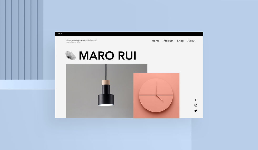 The website and logo of a brand called "Maro Rui" is shown on desktop and mobile, with images of a black ceiling light and minimalist pink wall clock.