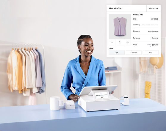 Seller in retail store using Wix Retail POS system, lilac shirt product variant.