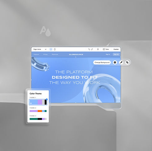 A website with a blue color palette is shown in the Wix Editor alongside some of the tools, including the ability to change the background and color theme. 