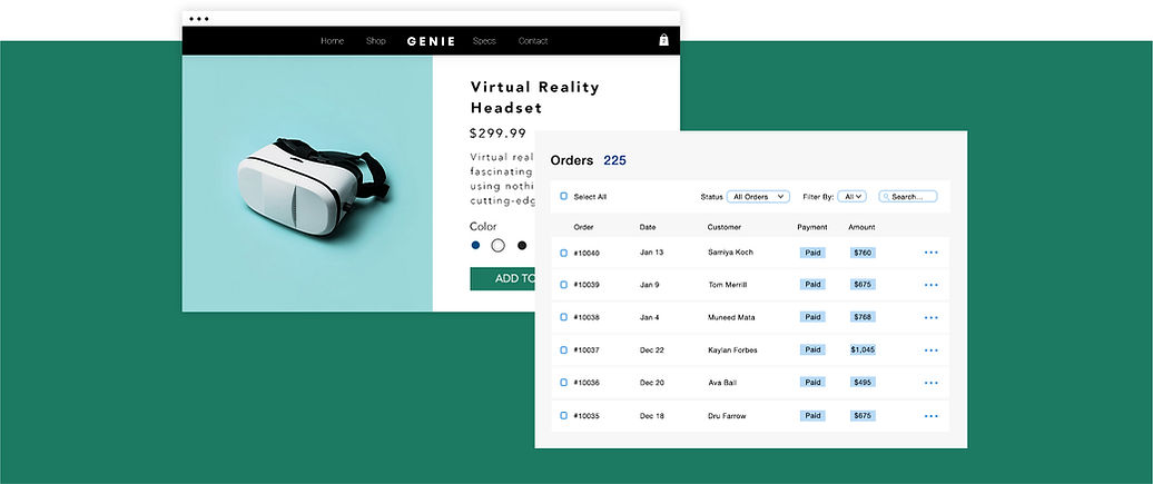 Tech gear eCommerce business with virtual headset product page and online transactions table.