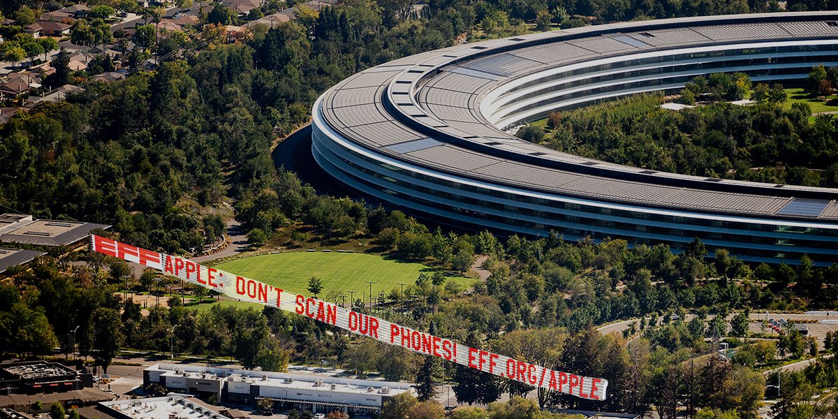 A picture from a year ago, when EFF flew a plane over Apple's Headquarters with a banner reading: Apple: Don't scan our phones! Eff.org/apple