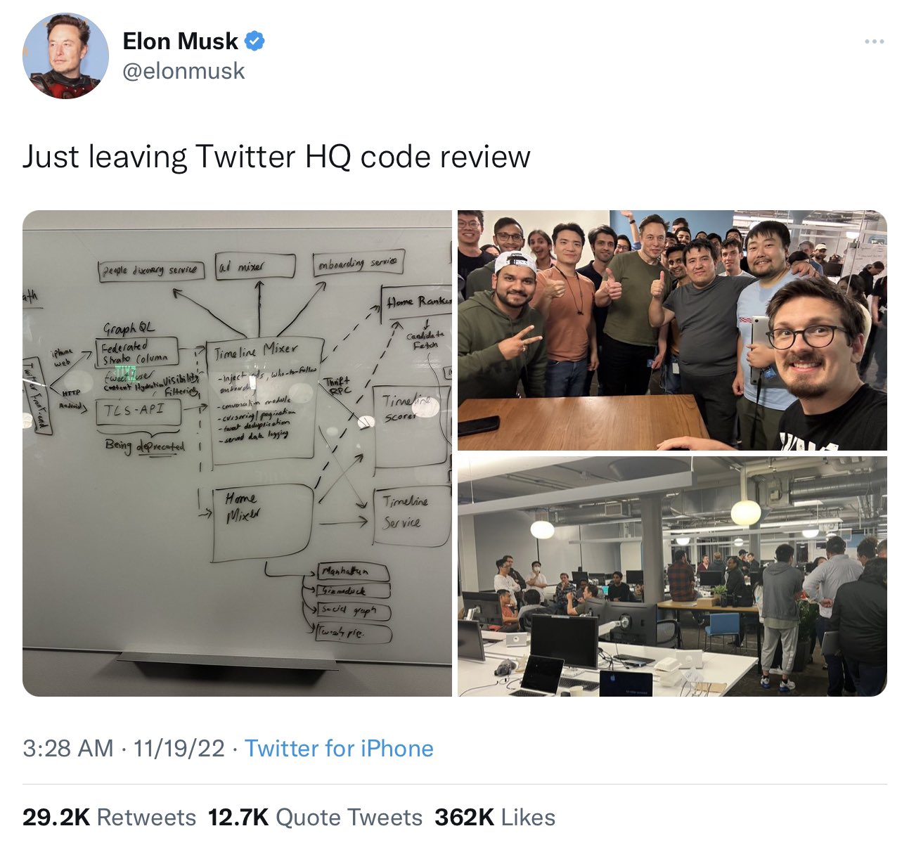 Screenshot of elon musk tweeting, “just leaving twitter hq code review.”