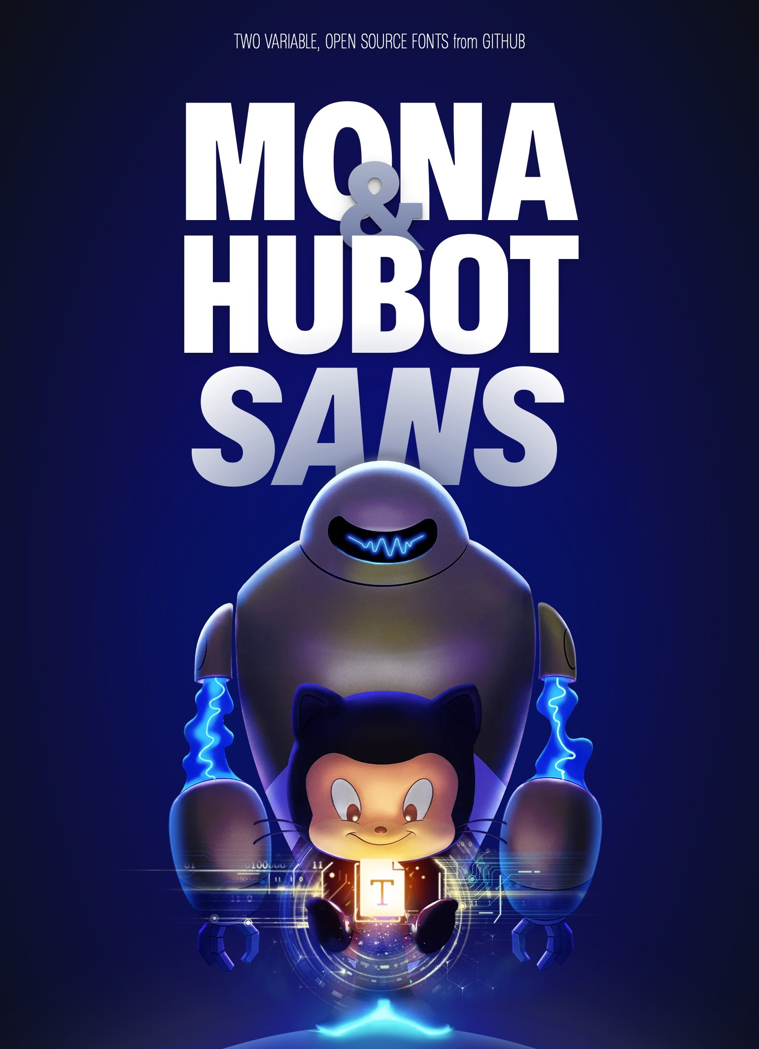 A poster of Hubot and Mona, standing on a planet, holding a glowing font file.