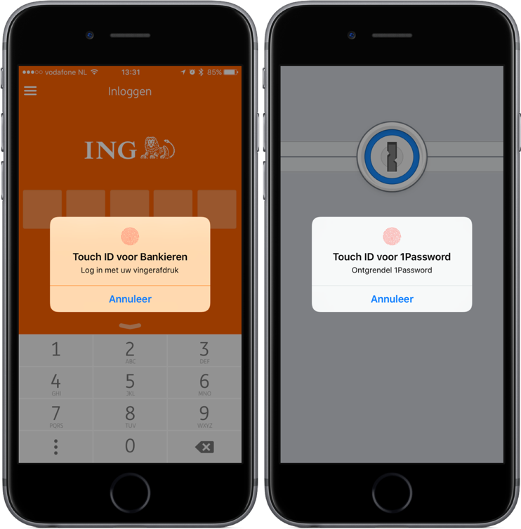 ING en 1Password met Touch ID.