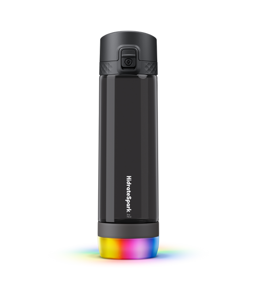 The black shatter-resistant, vacuum-insulated Hi-drateSpark PRO Titan Plastic Smart Water Bottle keeps a 24-ounce beverage cold up to 24 hours.