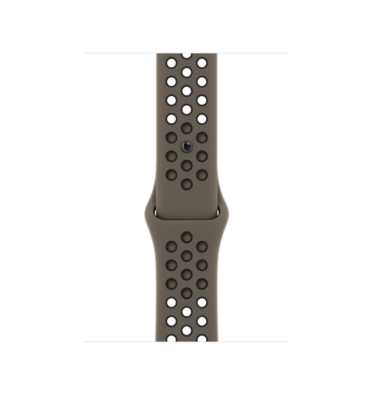 45mm Olive Grey/Black Nike Sport Band for Apple Watch features compression-molded perforations for breathability.
