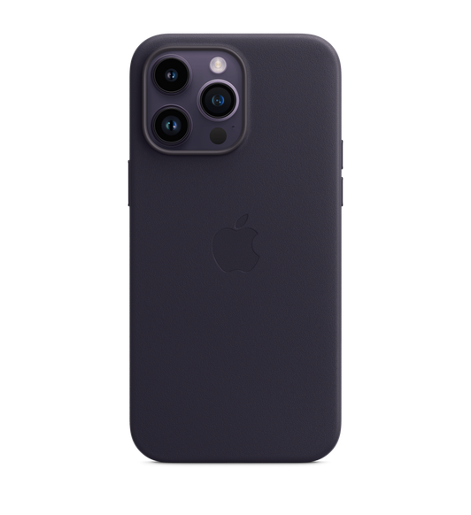 iPhone 14 Pro Max Leather Case with MagSafe in Ink, with iPhone 14 Pro Max in Deep Purple.