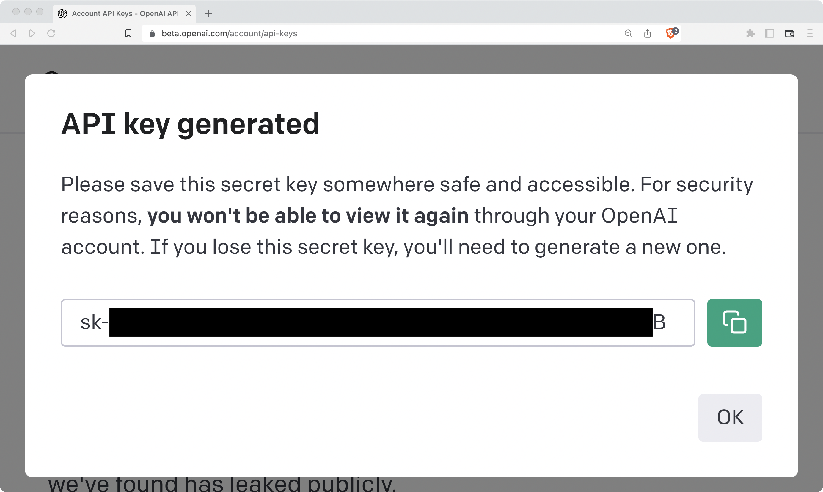 Pop up window displaying the generated secret API key