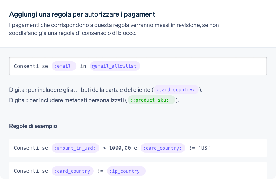 A screenshot of the add rule for allowing payments dashboard