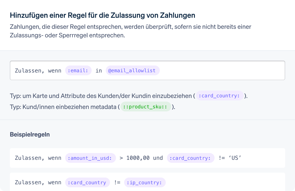 A screenshot of the add rule for allowing payments dashboard