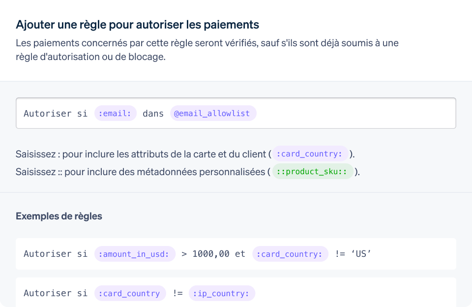 A screenshot of the add rule for allowing payments dashboard