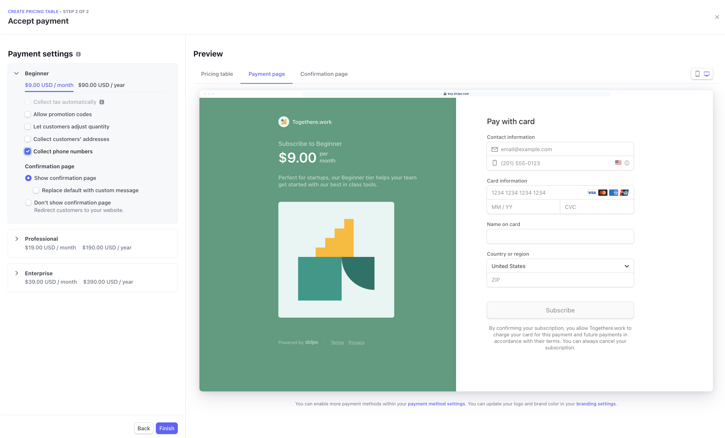 Step 2 of creating a pricing table