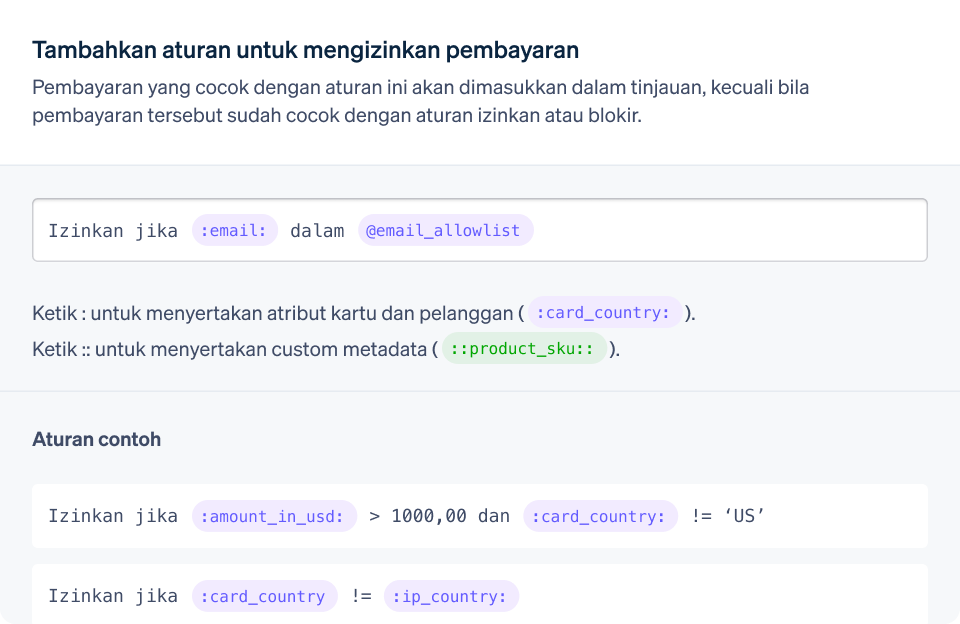 A screenshot of the add rule for allowing payments dashboard