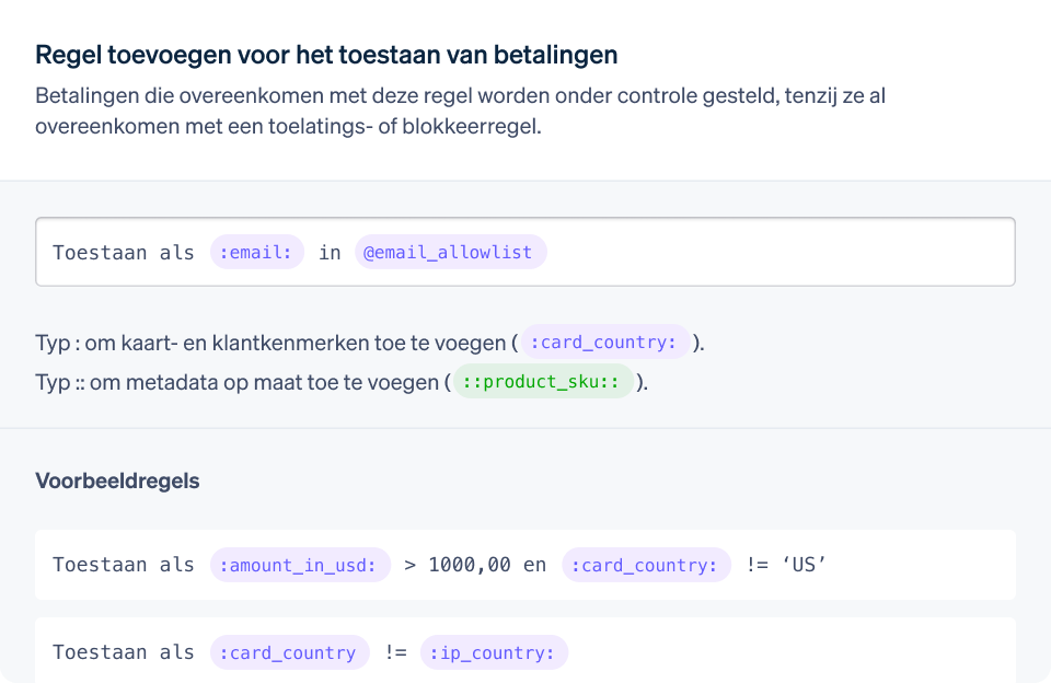 A screenshot of the add rule for allowing payments dashboard